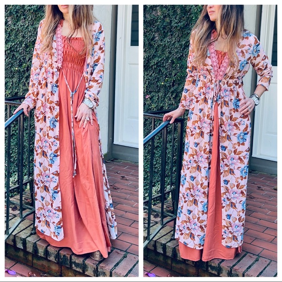 Boho Floral Maxi Length Kimono Duster Dress - Picture 1 of 5